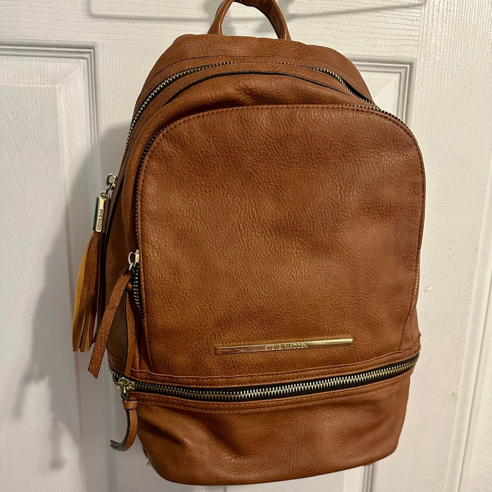 Elegant Tan Leather Backpack Steven Madden